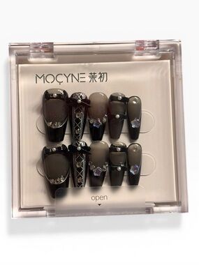 Black & Gray Rhinestone 3D Bow French Tip Press-On Nails